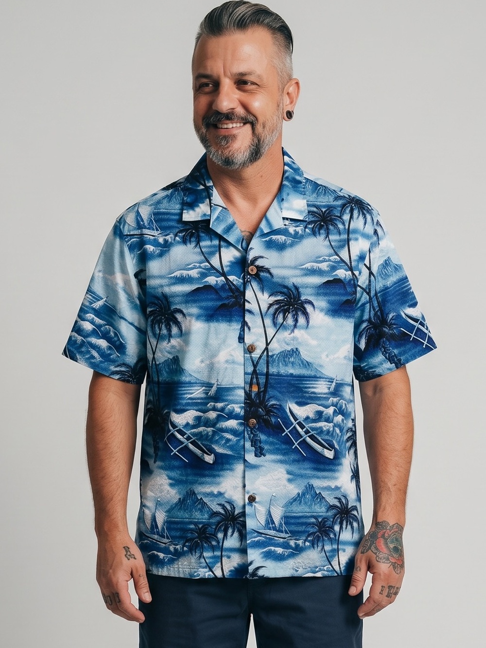 🌻Royal Hawaiian Creations Tropical Tiki Canoe Print Cotton Hawaiian Shirt XL